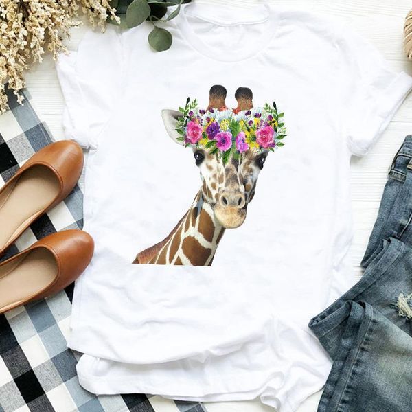 

women lady cartoon flower giraffe printing floral print 90s trend t tee womens tshirt female shirt clothes graphic t-shirt, White