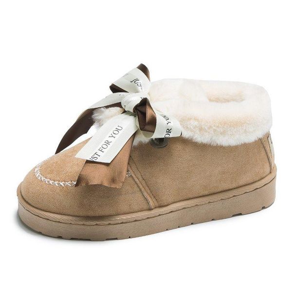 

new arrivals winter women's short boot bowknot suede cotton and plush fur flannel round head flat rubber snow boots 2020, Black