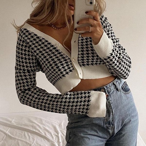 

women's jackets vintage y2k houndstooth knitted cropped jacket women fashion 2021 autumn button up v neck long sleeve coats knitwear fe, Black;brown