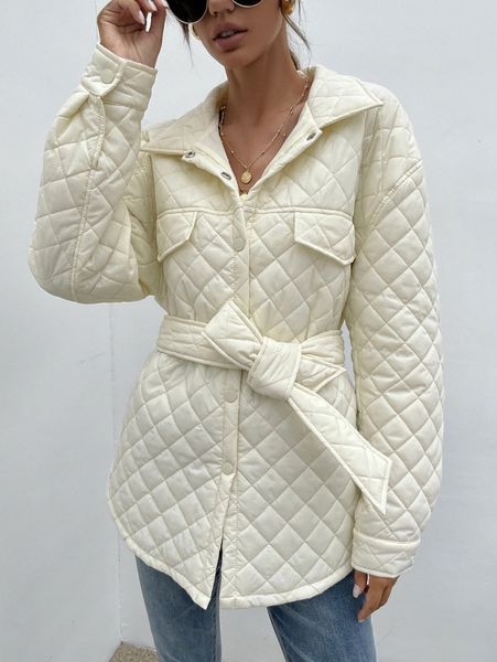 

flap detail belted argyle quilted coat q9k8#, Black