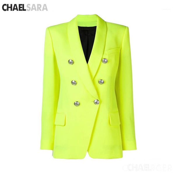 

2020 baroque designer blazer for women ladies double breasted metal buttons long blazer jacket neon yellow1, White;black