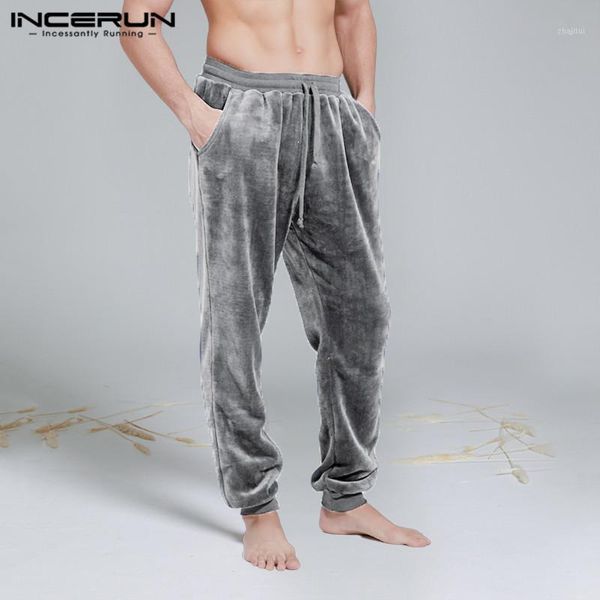 

incerun men sleep pants fleece flurry drawstring pockets solid color pajamas pants soft warm mens sleep bottoms leisure homewear1, Black;brown