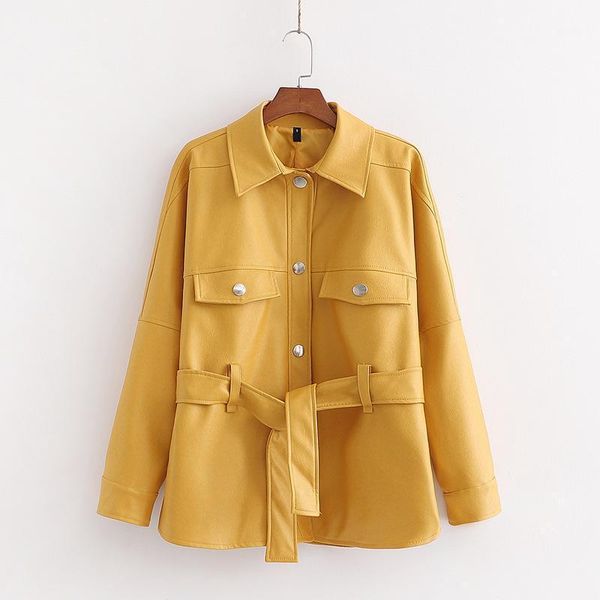 

korean women new lapel belt leather jacket female casual personality leather jackets outwear1, Black