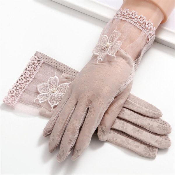 

women' short lace gloves summer sunscreen ultra-thin elastic silk driving five fingers non-slip touch screen 3-bfs06, Blue;gray