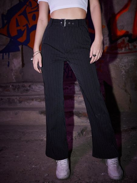 

romwe striped grommet eyelet belted pants g6hh#, Black;white