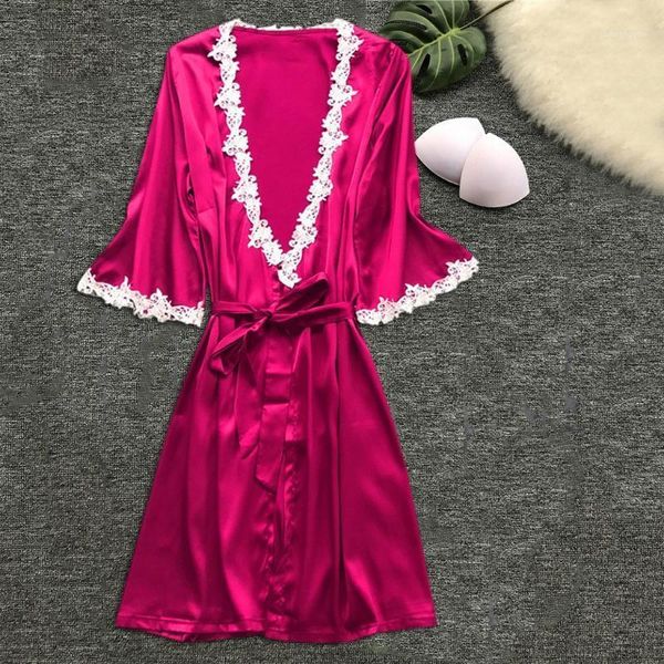 

women satin silk sleepwear nightdress lingerie lace solid multicolor robe de nuit femme bathrobe nightwear all season dress1, Black;red