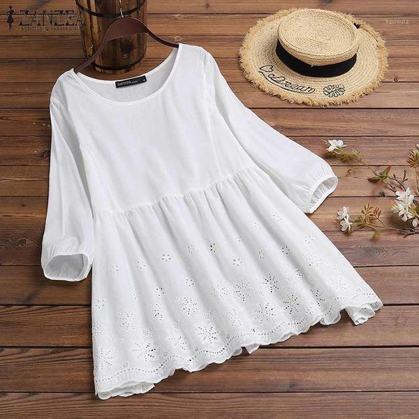 

womens autumn stylish blouses zanzea o neck blusa femininas female lace patchwork shirts solid puff sleeves tunic oversized1, White