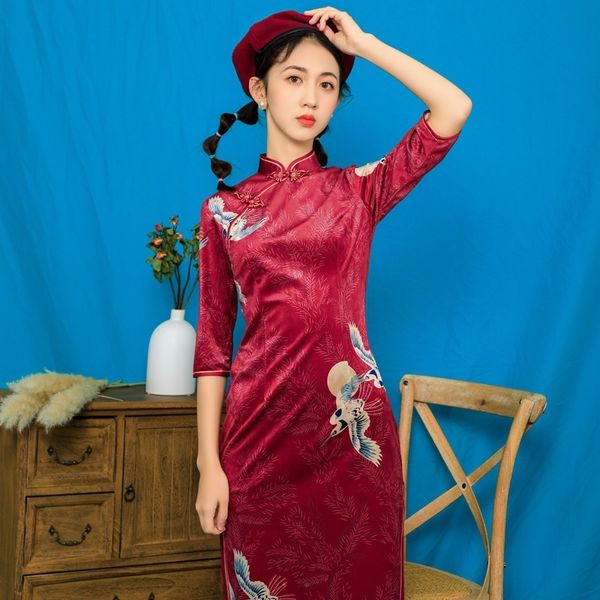 

autumn winter 2020 new chinese style cheongsam women print improved young girlsmid sleeve dress dresscheongsam dress ansg8, Black;gray