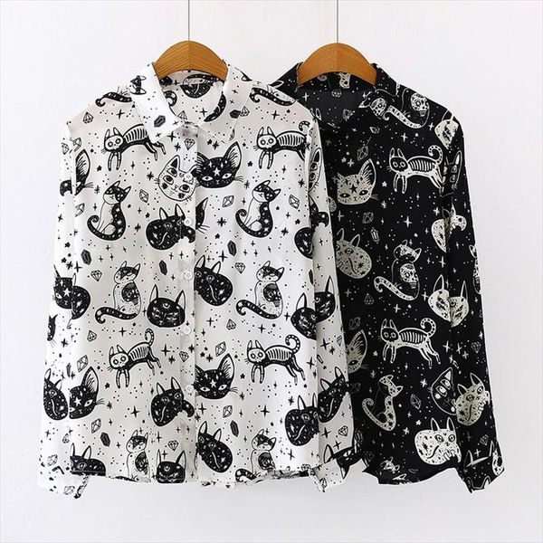 

women harajuku shirt kitten print autumn long sleeve and blouses office lady long sleeve white black blouses