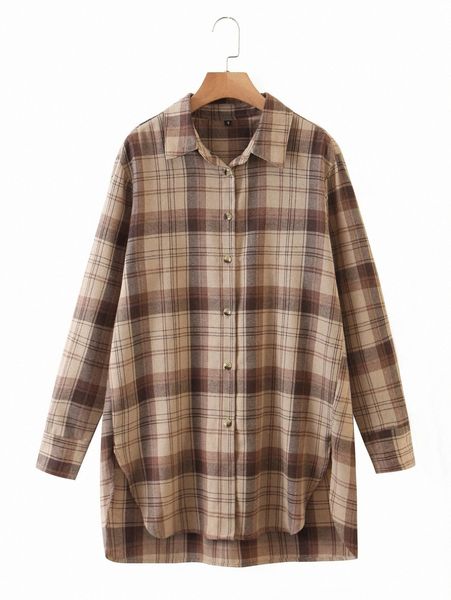 

plaid vented high-low longline shirt 62hj#, White