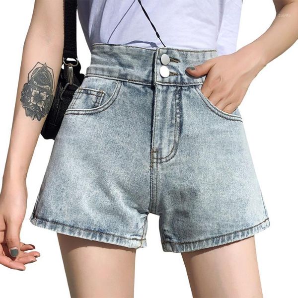 

2020 new summer shorts women loose high waist double button denim shorts vintage washed jeans fashion denim pants female1, Blue