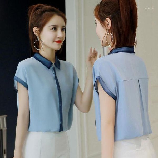 

women blouses 2020 stitching color short sleeve turn down collar office shirt chic casual korean style vetement femme fy3981, White