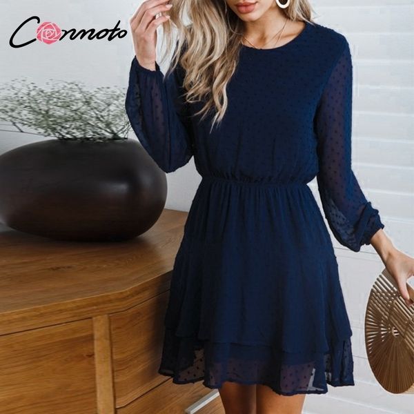 

conmoto vintage party women dress elegant long sleeve polka dot blue dress solid short ruffles chiffon winter dress vestidos y200101, White;black