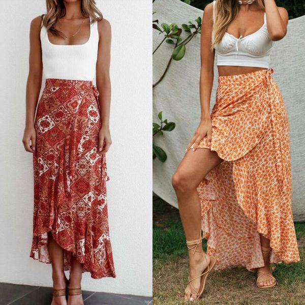 

2020 fashion trend women floral high waist ruffled long skirts split bandage loose boho beach summer party holiday wrap buttoms, Black