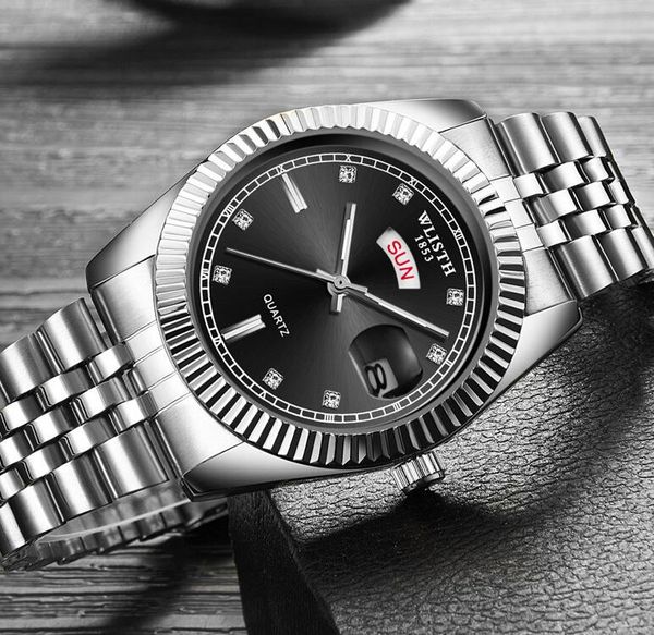 

wlisth mens classic black dial men's watch european and american gold quartz watch with steel wrist, Slivery;brown