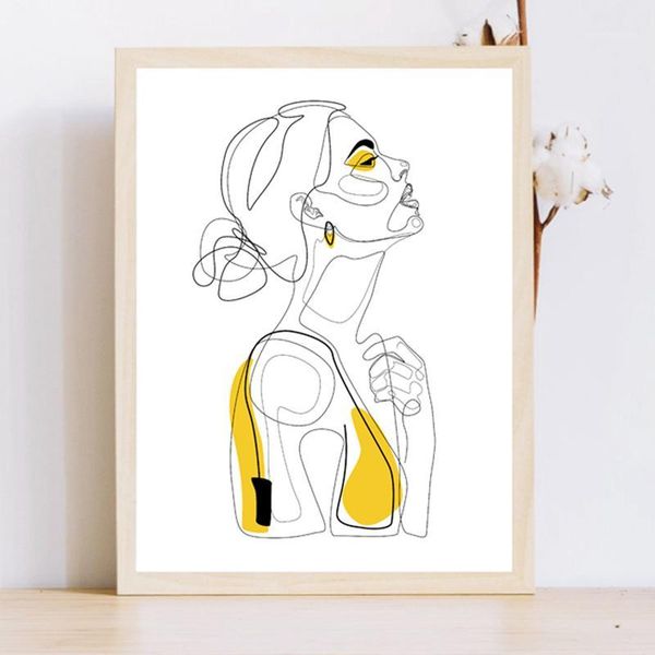 

abstract line prints drawn female portrait poster yellow fashion sketch canvas painting minimalist woman art decor wall picture1