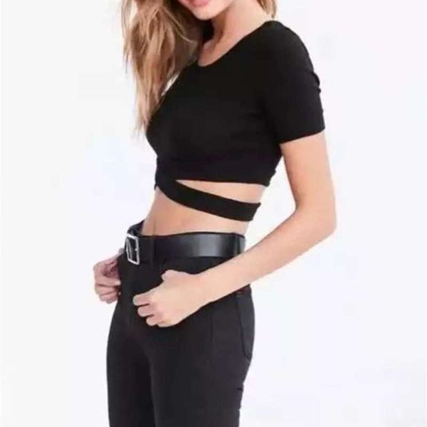 

girl thin round neck fashion versatile knitting cross band loop short sleeve t-shirt women slim, Black;gray