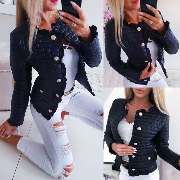 

monclair winter women warm button-down cotton jacket coats women casual jackets female pockets ruffle slim fit short jackets goo, Black