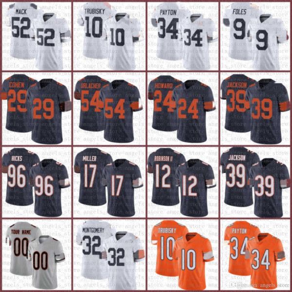 

d46 men women chicago bears youth cole kmet 52 khalil mack 34 walter payton 10 mitchell trubisky 100th season football jerseys navy, Black;red