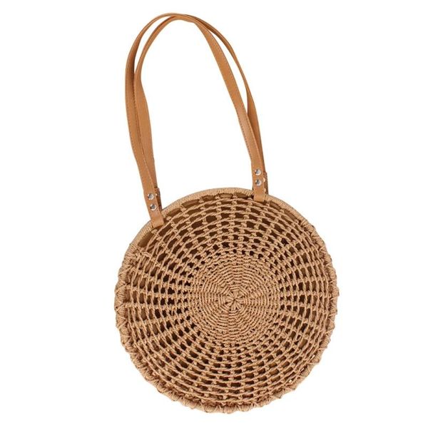 

new-new round woven straw beach bag vintage handmade woven shoulder bag circle rattan bags bohemian summer vacation casual