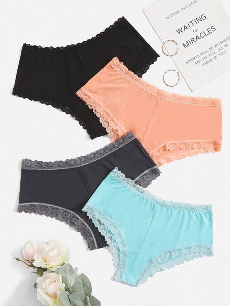 

4pack plus contrast lace panty t3sj#, Black;white