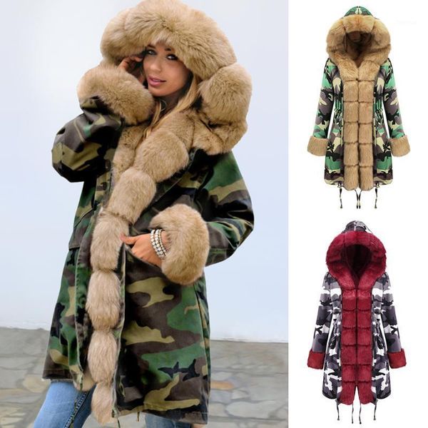 

kayoulai winter coat women camouflage plush fur collar warm jacket fashion warm female mont autumn lady outwear thick couette1, Black