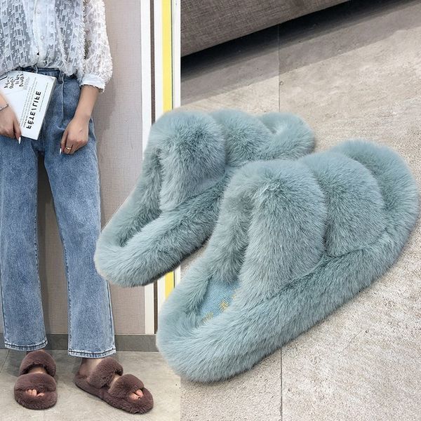 

2020 fluffy home slippers women faux fur slippers cozy furry slides open toe slip on soft slippers house floor plush warm shoes y200706, Black