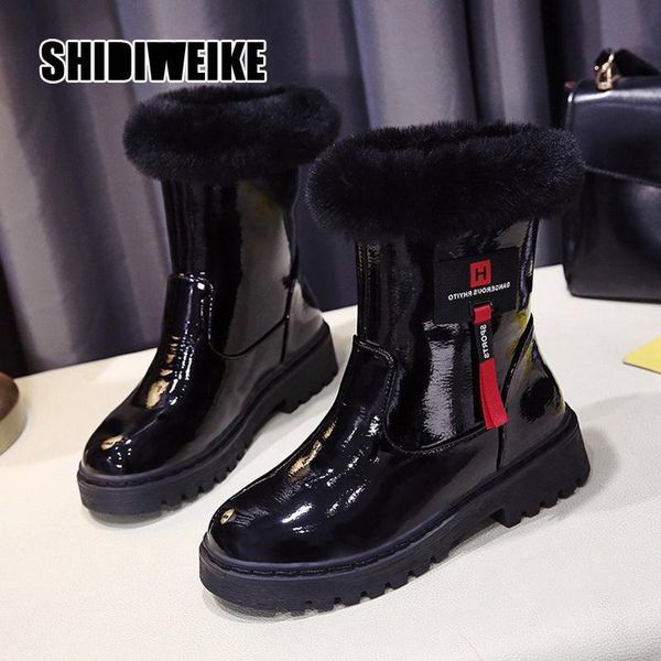 

fashion patent leather snow boots 2020 winter women square heel snow boots platform 4.5cm women's ankle va046, Black