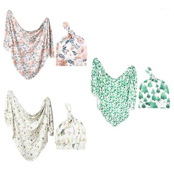 

2pcs newborn infant baby receiving blanket cotton printing sleeping swaddle wrap hat set skin-friendly breathable1, White