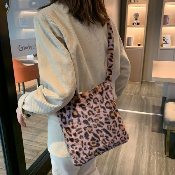 

shoulder bags fashion bag for women 2021 crossbody plush soft casual leopard print messenger fluffy female handbag
