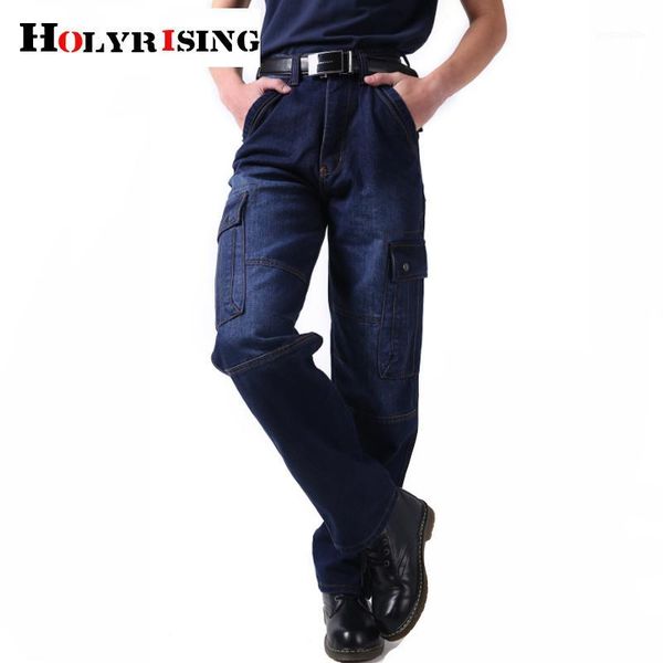 

holyrising men multi pocket cargo jeans men classical jean male casual pants plus size cotton denim trousers 187701, Blue