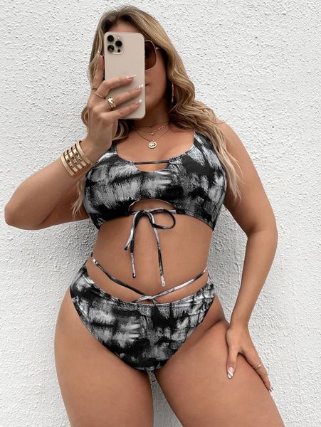 

plus tie dye cut out bikini swimsuit a2og#, Black