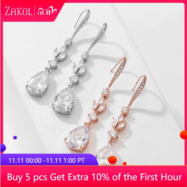 

zakol elegant classic leaves waterdrops crystal cubic zirconia earrings bridal wedding dangle earrings for women fsep3022, Silver