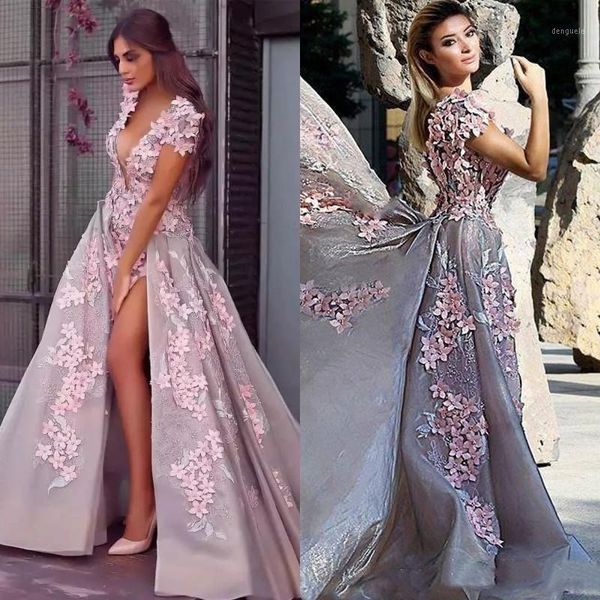 

2020 side split a line prom dresses with 3d floral appliques v neck cap sleeves formal evening dress vestido de novia party gown1, White;black