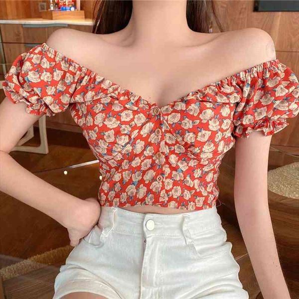 

fashion women casual floral print short sleeve v neck off shoulder crop button blouse female beach top, White