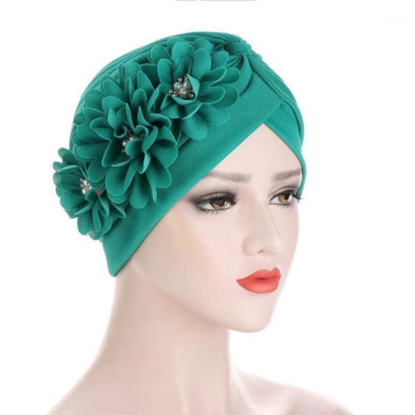 

women flowers ruffle turban caps muslim elastic pearls headscarf bonnet ladies hair accessories cap turbante mujer1, Red