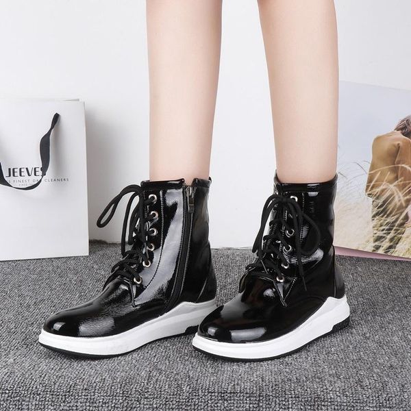 

2020 women snow boots vintage microfiber patent leather faux fur winter warm ankle boots for women flat platform casual shoes, Black
