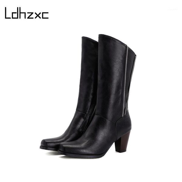 

ldhzxc 2020 patent leather mid calf boots women women's high boots block heels platform long shoes ladies size 42 431, Black