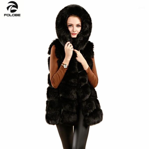 

folobe women fur vest hooded coat 2020 new winter thick warm faux fur vest high imitation jacket white outerwear black1, Black