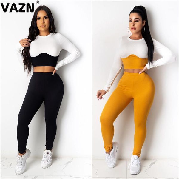

vazn s-xxl 2020 early autumn lady black yellow 2-piece long set full sleeve o-neck pullover tees pencil pants set sport1, Gray