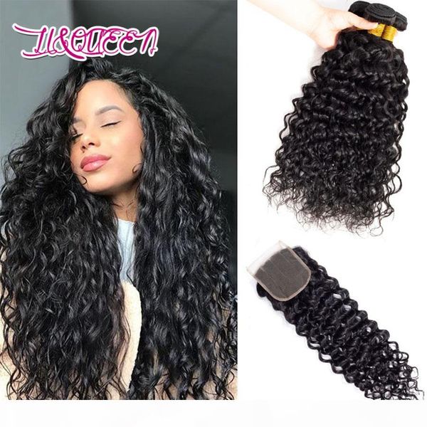 

brazilian human hair 3 bundles with lace closure 4x4 water wave bundles with 4x4 closure middle three part wet and wavy hair extensions, Black;brown