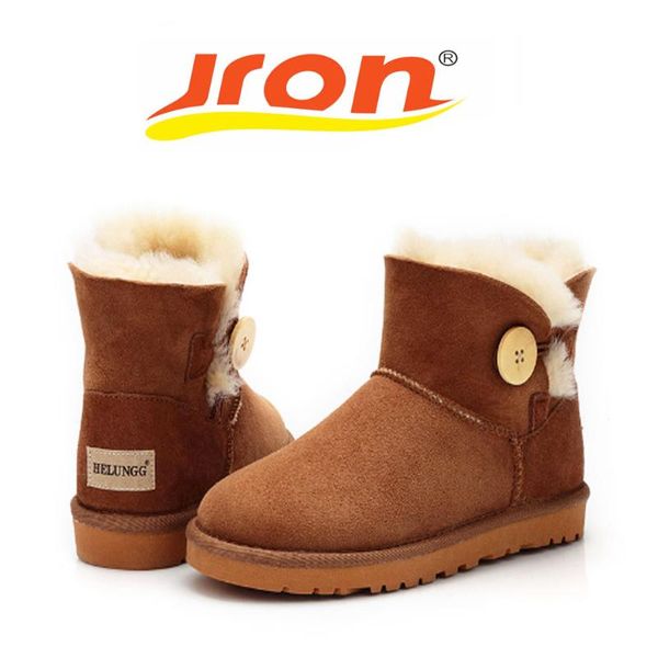 

jron genuine leather woman shearling snow boots button style rubber sole anti-slip function warm ankle boots for winter autumn, Black