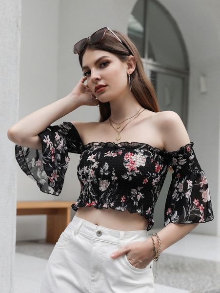 

floral print shirred crop bardot m59p#, White