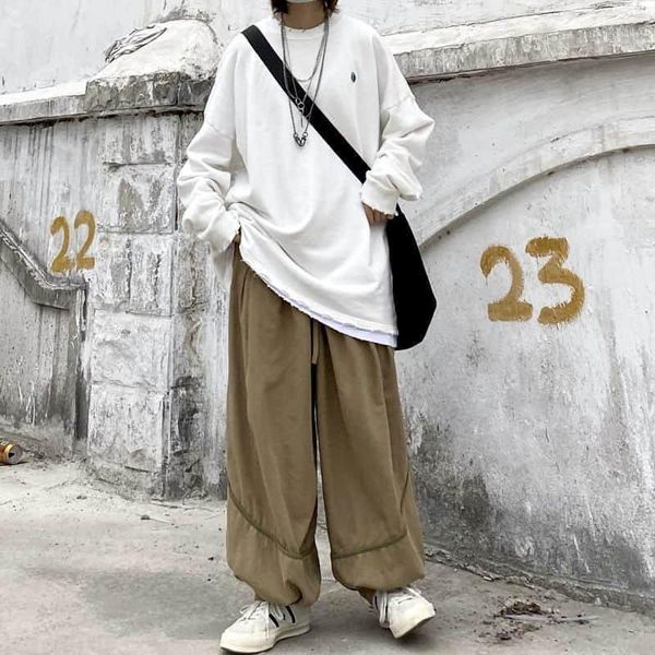 

casual pants net red japanese casual elastic waist bf style loose wild overalls for men women basic retro bloomers tide1, Black;white