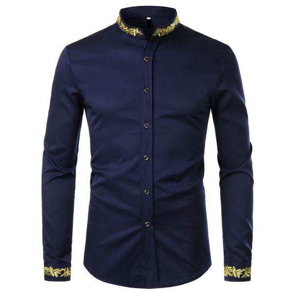 Camicia da uomo con ricamo in oro nero 2020 Camicie eleganti da uomo nuove di primavera Colletto alla coreana Camicie con bottoni Chemise Homme Camisa Masculina C1222