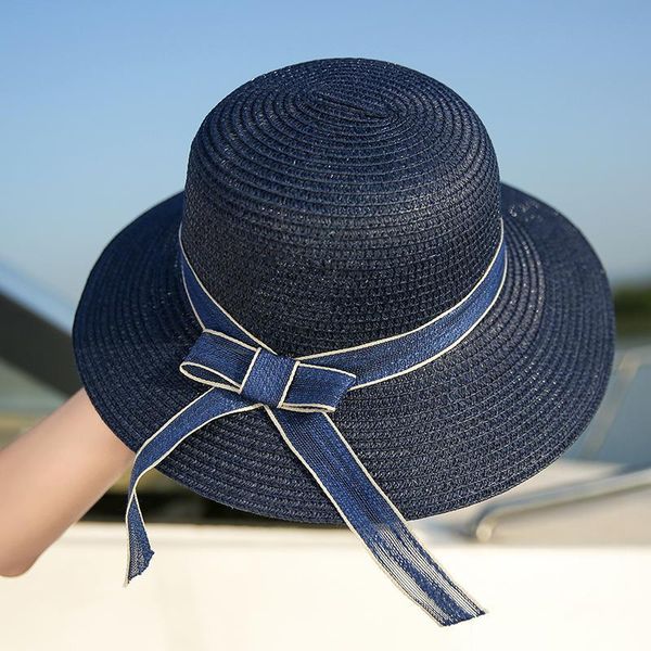 

korean version of women's sun visor fashion bow ribbon travel beach hat summer sunscreen sun youth straw hat, Blue;gray