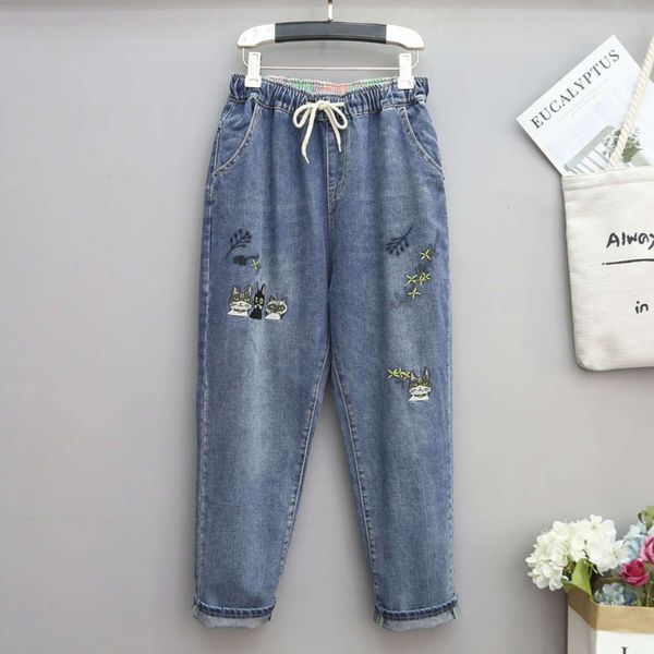 

oversized jeans women's loose fitting harem fat sister capris 200kg high waist pants fattening new style, Blue