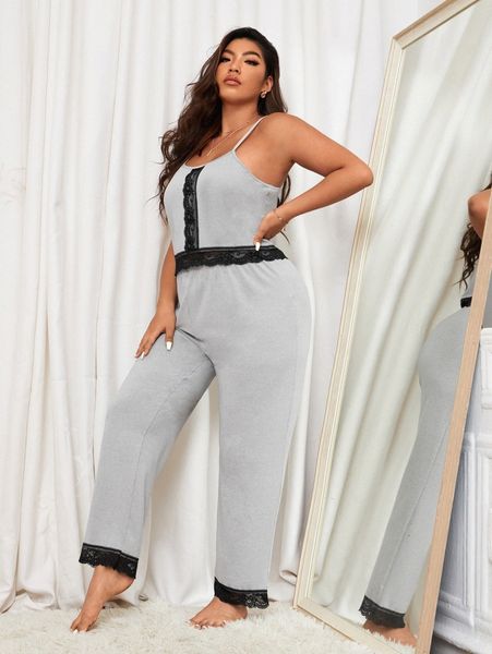 

plus contrast lace trim pj set 86e1#, Black;white