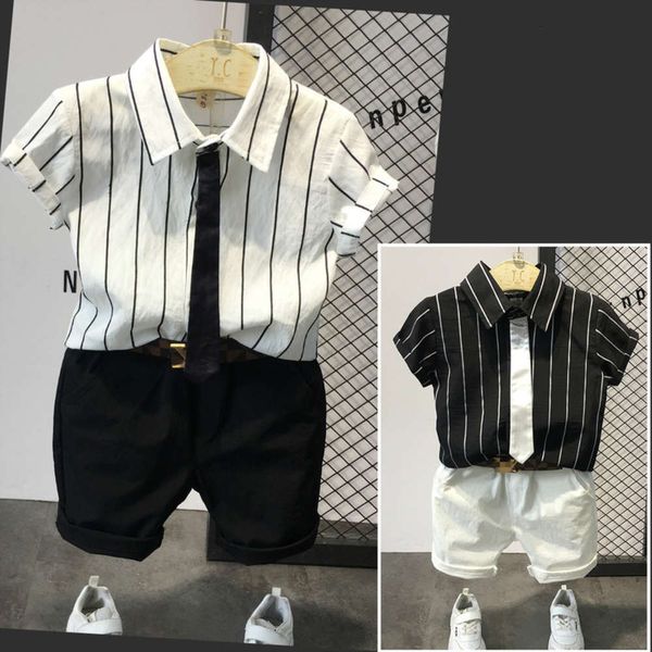 

boys' short sve suit 2020 summer striped shirt two piece children's korean inch shorts, White;black