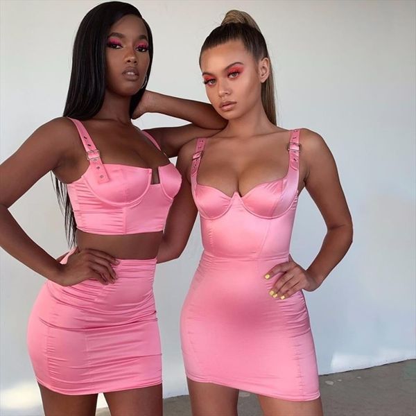 

punk style 2 piece set women satin adjustable straps crop camis and mini skirt outfits neon pink bodycon matching suits, Gray